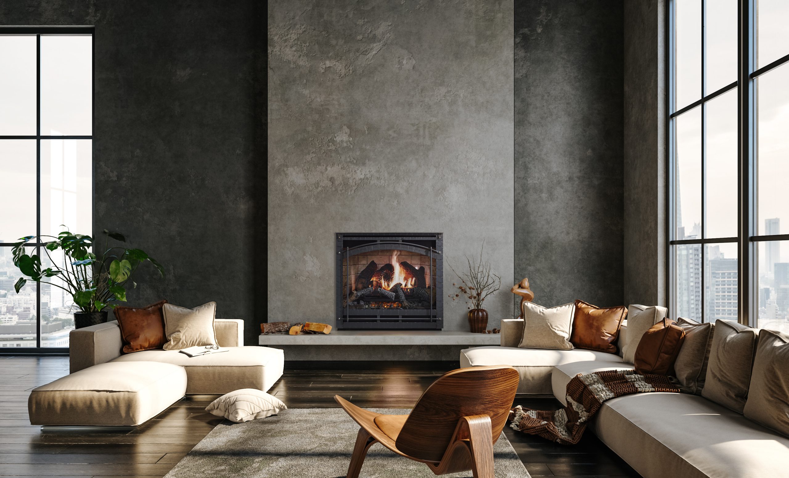 Dark living room loft with fireplace, industrial style, 3d rende