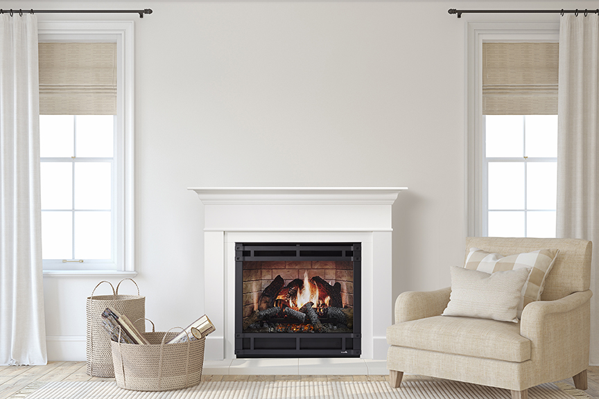 Interior with fireplace. Farmhouse style. Interior mockup. 3d render.